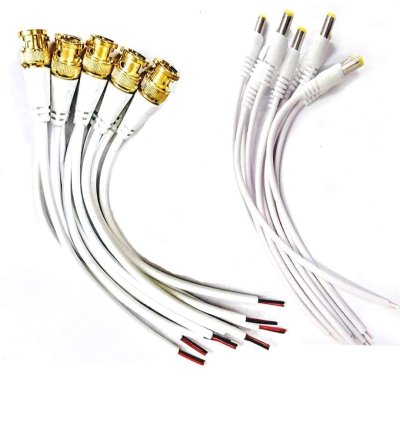 BNC Connector and DC Pin with Copper Wire Combo Pack - 15CM - BNC Golden Male Plug Cable and DC Power Pigtail Connectors for CCTV Surveillance Camera | Pack of 10